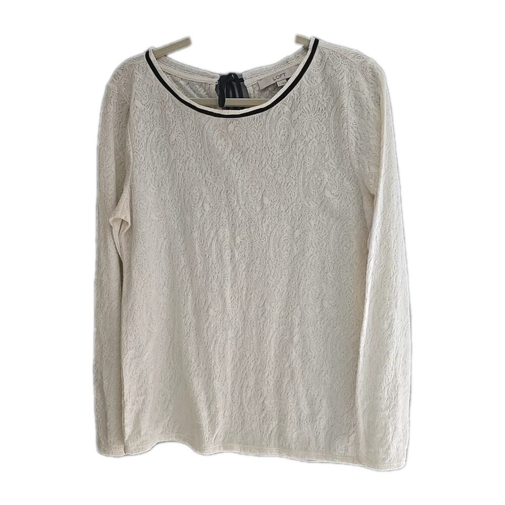 LOFT Ivory Floral Jacquard Crew Neck‎ Tie Back Long Sleeve Top Womans Size Large